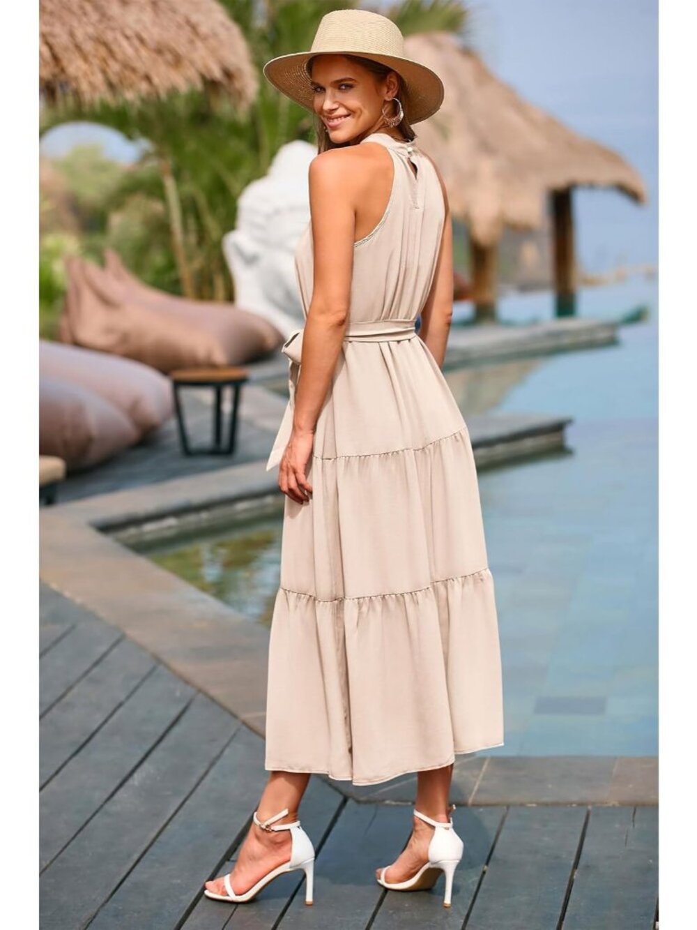Women's Solid Beige Sleeveless Halter Neck High Waist Backless Maxi Dress - Picture 2 of 6